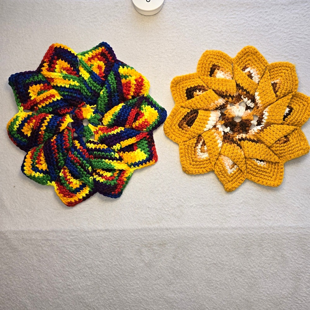 Vintage Crochet Folded Swirl Hot Pad Trivet Lot 2pc Rainbow Sunflower Grannycore